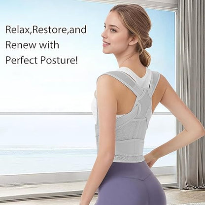 Posture Corrector for Women & Men – Full Back Support Adjustable Back Brace, Shoulder Straightener for Spine Alignment, Upper Back & Back Pain Relief(Grey, Medium)