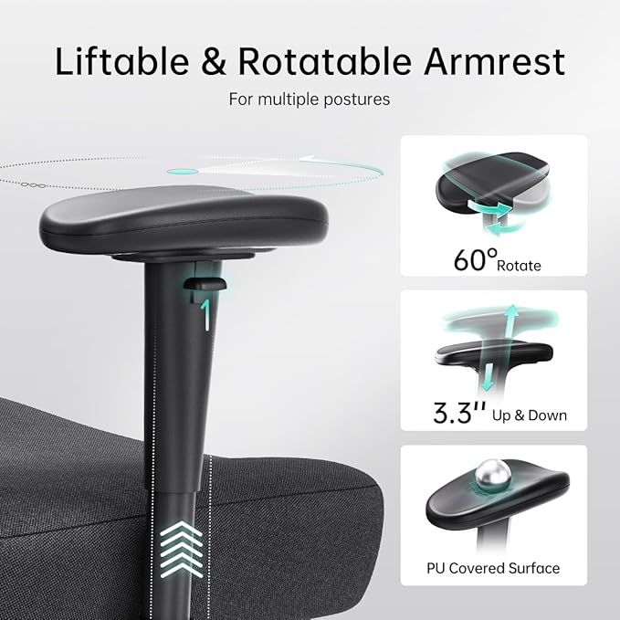 Hbada P3 Ergonnomic Office Chair with 2D Adjustable Lumbar Support, Office Chair with Adjustable Headrest and Armrest, 145° Stepless Tilt Function, Black(with Footrest)