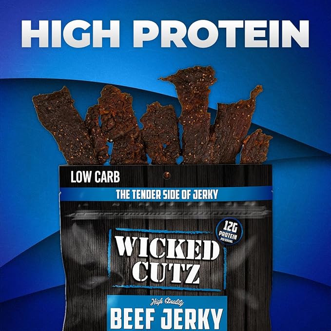Wicked Cutz Original Peppered Beef Jerky, 36g Protein Per Bag, Tender & Easy to Chew Alternative to Beef Sticks, USA Made High Protein Carnivore Snacks (2 Bags)