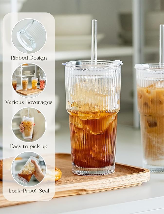 20 oz Glass Tumblers, Iced Coffee Cups with Lids and Glass Straws, Thickened Wall Glass Cups, Ideal for Smoothies, Cocktails, and Juices – Vintage and Durable Drinkware –2 Pack