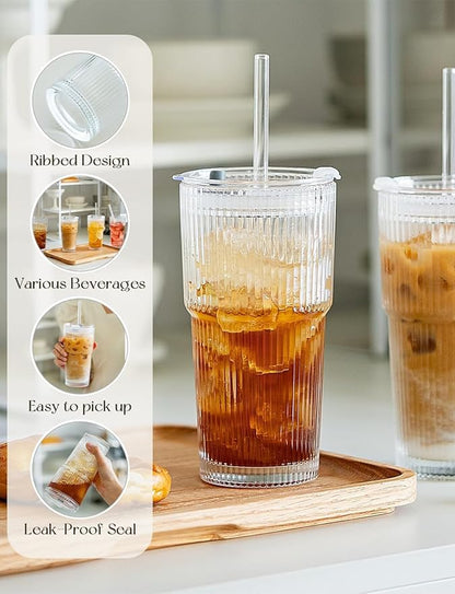 20 oz Glass Tumblers, Iced Coffee Cups with Lids and Glass Straws, Thickened Wall Glass Cups, Ideal for Smoothies, Cocktails, and Juices – Vintage and Durable Drinkware – 4 Pack