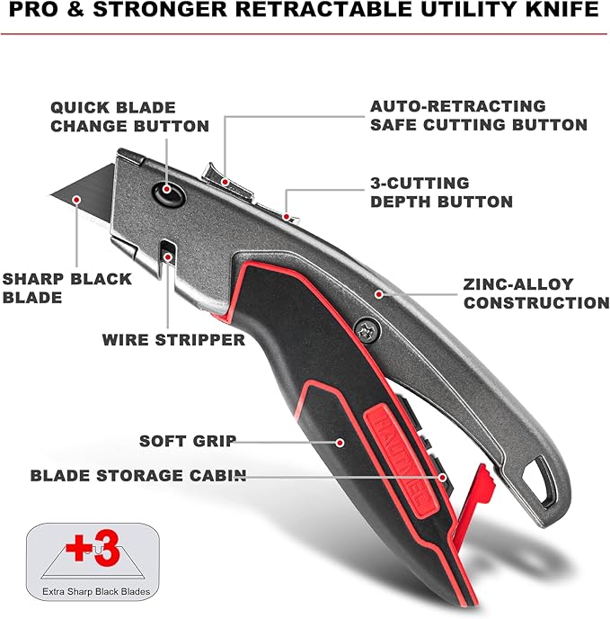 HAUTMEC Heavy-Duty Utility Knife, Safety Box Cutter with Auto-Retracting & 3-Position Locking Dual-System, Built-In Wire Stripper, Blade Storage and 3 Ultra-sharp SK4 Blades – HT0311