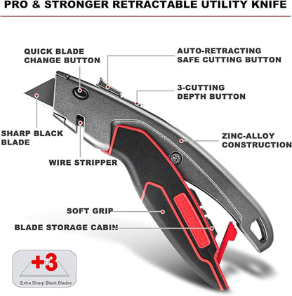 HAUTMEC Heavy-Duty Utility Knife, Safety Box Cutter with Auto-Retracting & 3-Position Locking Dual-System, Built-In Wire Stripper, Blade Storage and 3 Ultra-sharp SK4 Blades – HT0311