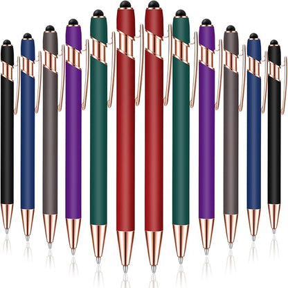 Tenare 12 Pieces 2 in 1 Stylus Metal Ballpoint Pen with Stylus Tip, 1.0 mm Black Ink Ballpoint Pen for Touch Screens(Dark Colors and Rose Gold)