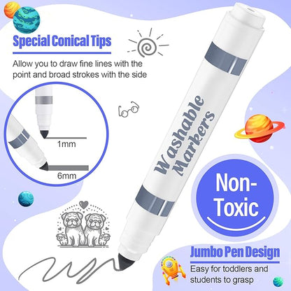 Janlaugh 24 Pcs Washable Markers Bulk Broad Line Markers Coloring Conical Tip Large pens for Kids art projects, Teachers, Students, Toddlers, Party Favors, Classrooms, Donations(Gray)