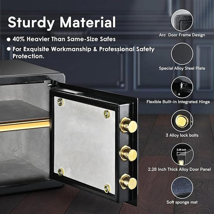 ADIMO Home Safe Box, 1.2 Cubic Feet Security Safe with Fireproof Waterproof Money Bag, Digital Keypad and Dual Key System, Personal Lock Money Box for Home Office Valuable Document Black