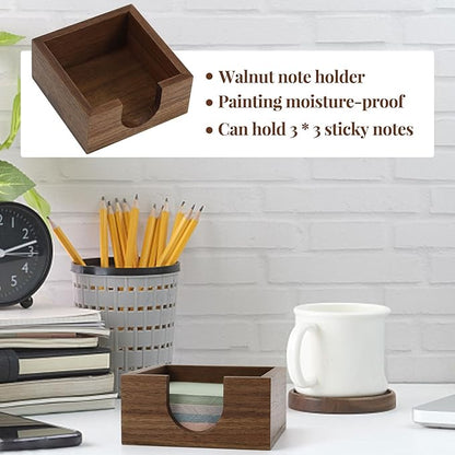 MultiBey 3x3 Sticky Note Holder, Walnut Wood Memo Cube Dispenser for Desk, Compact 3.6x3.6x1.3 Inch Post It Note Organizer, Office Desk Accessories for Home, School