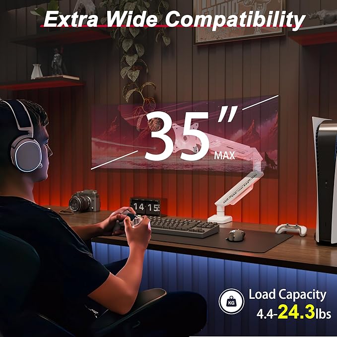 Monitor Arm, Gas Spring Monitor Stand for 17-35 Inch Screens up to 24.3 lbs, Adjustable Mount with C-Clamp & Grommet Base, Ergonomic Computer Monitor Mount (Single Arm White)