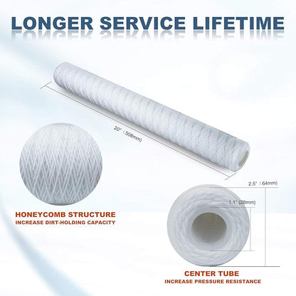 Membrane Solutions 10 Micron 2.5" OD x 20" Length String Wound Sediment Polypropylene Replacement Water Filter Cartridge - 6 Pack