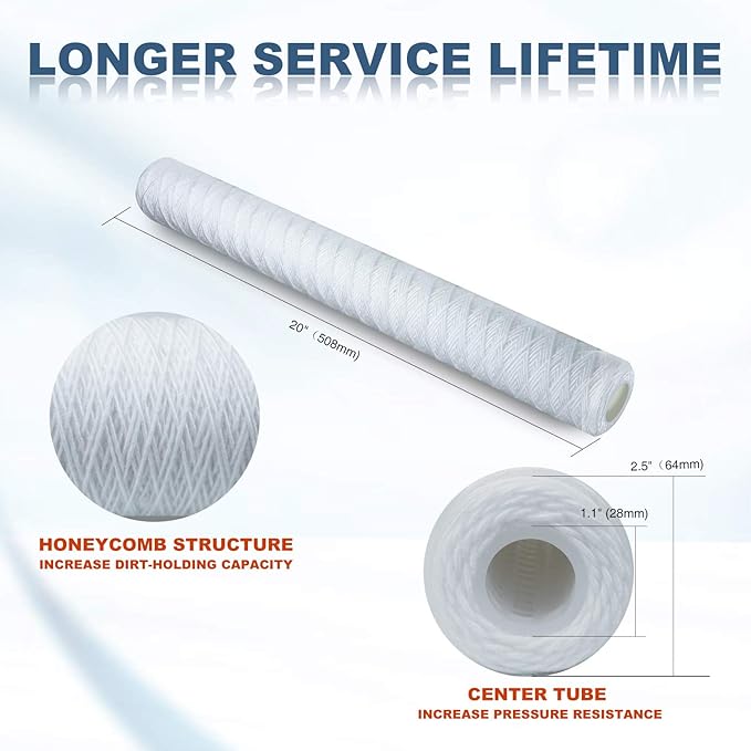 Membrane Solutions 1 Micron 2.5" OD x 20" Length Sediment Water FilterString Wound Polypropylene Cartridge for Whole House Filter Systems - 6 Pack
