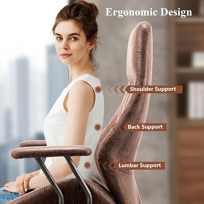 Mid Century Modren Office Chair,High Back Ergonomic Executive Chair with Lumbar Support, Computer Desk Swivel Task Chair with Wheels, Faux Lether Suede Fabric Home Chair (Dark Brown)
