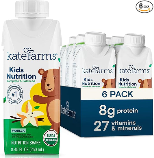 KATE FARMS Organic Kids Nutrition Vanilla Shake, 8g Protein, 27 Vitamins and Minerals, Meal Replacement, Gluten Free, Non-GMO, 8.45 oz (6 Pack)