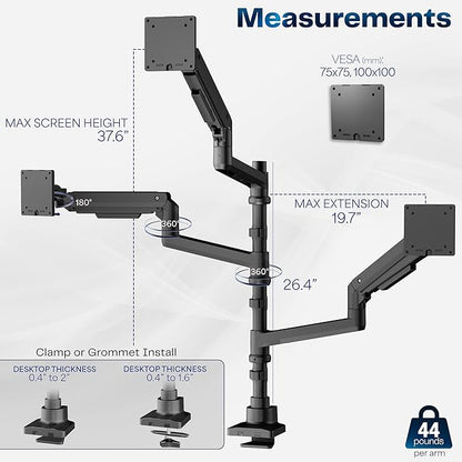 VIVO Pneumatic Arm Triple Ultrawide Monitor Extra Tall Desk Mount for Up to 49 inch Screens, Heavy Duty Clamp, Holds 3 Ultra Wides Up to 44 lbs, Black, STAND-V300D