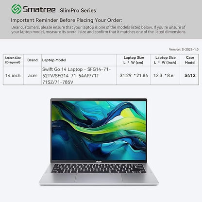 Smatree SlimPro Laptop Sleeve Case for 14 inch Acer Swift Go 14 Laptop SFG14 71-52TV/71-54AP/71T-71SZ/71-785V, Case with Swift-access Accessory Pocket, Patented Super-Corner Design, Light Grey(S413LG)
