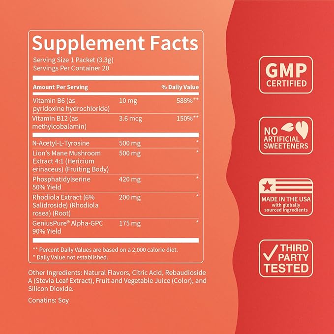 Nello SuperFocus Focus Drink Mix – Fruit Punch Flavor – Alpha GPC, Lion’s Mane, Rhodiola & N-Acetyl L-Tyrosine – Sugar-Free, On-The-Go Packets – 20 Servings