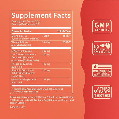 Nello SuperFocus Focus Drink Mix – Fruit Punch Flavor – Alpha GPC, Lion’s Mane, Rhodiola & N-Acetyl L-Tyrosine – Sugar-Free, On-The-Go Packets – 20 Servings
