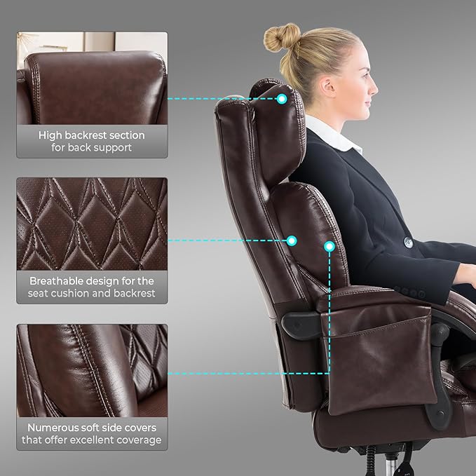 3-in-1 Massage Office Chair with Foot Rest 600LBS Big and Tall Office Chair with Massager and Heat for Heavy People, Reclining Executive Heavy Duty Office Chairs Brown