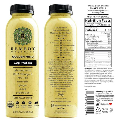 Remedy Organics Golden Mind 12-Pack | Plant Based Protein Shakes, Ready to Drink | USDA Organic, Gluten Free, Dairy Free, Soy Free