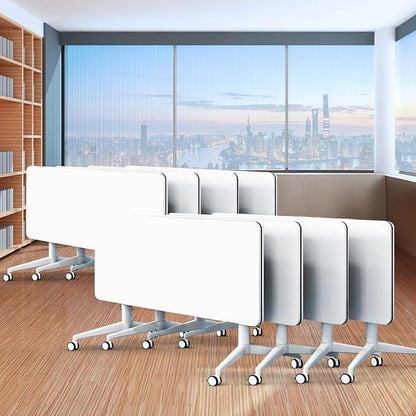Folding Conference Table,Movable Conference Room Table with Wheels,White Wood Rectangular Conference Table with Modern Business Style,Modular Meeting Training Tables for Office Classroom(8,55.1'')