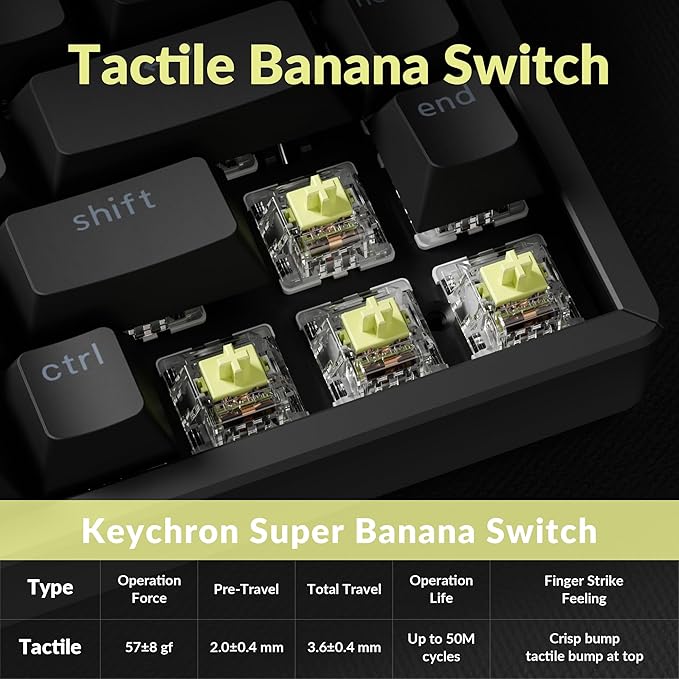Keychron K2 75% Layout QMK Wireless and Wired Options Mechanical Keyboard Super Banana Switch, Paired with Shine-Through Double-Shot PBT Keycaps for Mac Windows-Version 3