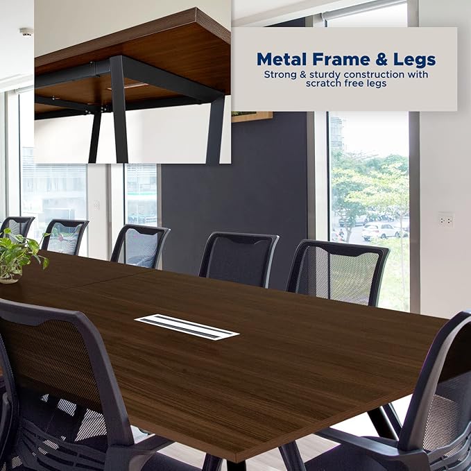 Sturdy Conference Table with Cable Management Grommets Modern Rectangle Office Meeting Table with Wood Tabletop and Metal Frame & Legs- Easy Assembly Boardroom Table (Dark Brown, 10 Foot)