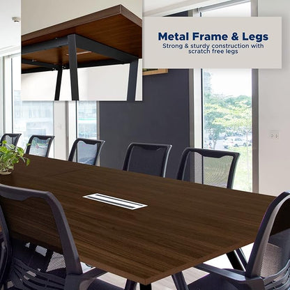 Sturdy Conference Table with Cable Management Grommets Modern Rectangle Office Meeting Table with Wood Tabletop and Metal Frame & Legs- Easy Assembly Boardroom Table (Dark Brown, 10 Foot)