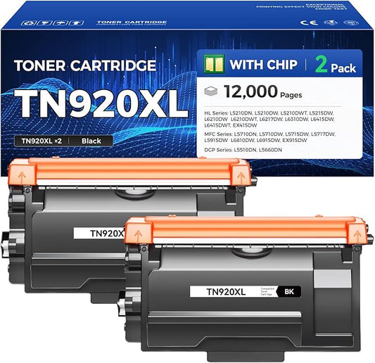 TN920XL Toner Cartridge High Yield Black 2-Pack Compatible with Brother TN920 TN-920XL TN920XXL HL-L6210DW HL-L6210DWT HL-L5210DN HL-L5210DW HL-L5210DWT HL-L6310DW MFC-L5710DW DCP-L5510DN Printer Ink