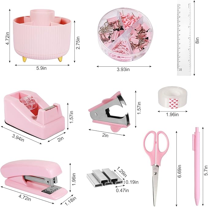 Desk Organizers and Accessories Set with 360-Degree Rotating Pen Holder, Tape Dispenser, Stapler, Staple Remover, 1000 Staples, Tape, Clips Set, Ruler, Scissor, Pen (Pink, 10 Pcs Set)