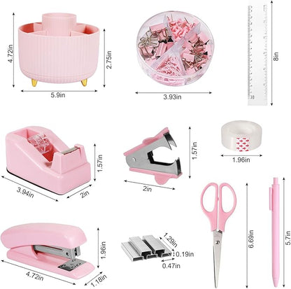 Desk Organizers and Accessories Set with 360-Degree Rotating Pen Holder, Tape Dispenser, Stapler, Staple Remover, 1000 Staples, Tape, Clips Set, Ruler, Scissor, Pen (Pink, 10 Pcs Set)