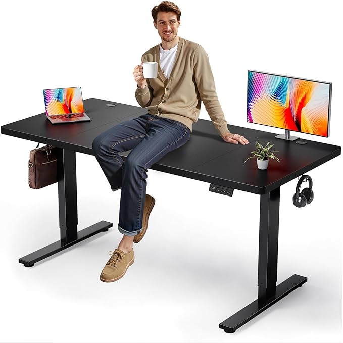 Electric Standing Desk Adjustable - 63x30 Inch Sit Stand Desk with 1 Inch Thick Tabletop, Double Beam Frame, 3 Memory Height Adjustment, Cable Management for Home Office
