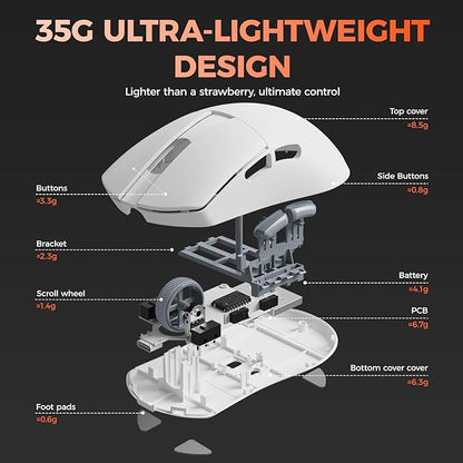 DAREU A950 Wing 8K Lightweight Wireless Gaming Mouse 1.23oz (35g), Custom PAW3950 30K Optical Sensor, Wired/Wireless Dual 8k Polling Rate, Symmetrical, 5 Programmable Buttons,70H Battery