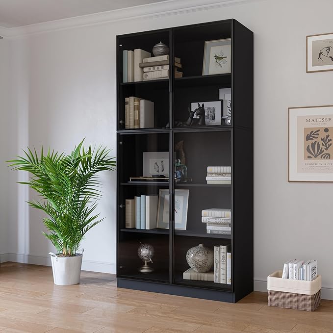 78.7" Display Cabinet with 4 Glass Doors, 5 -Tier Storage Cabinet with LED Lights, Tall Black Bookcase with Storage, Wooden Display Case for Collectible, Living Room, Office(Black)