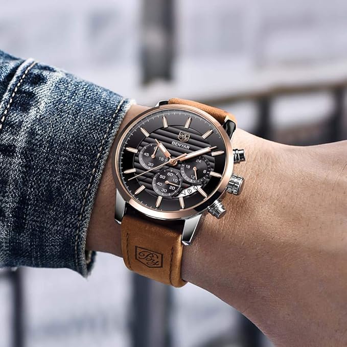 BENYAR Quartz Chronograph Waterproof Watches Business and Sport Design Leather Band Strap Wrist Watch for Men