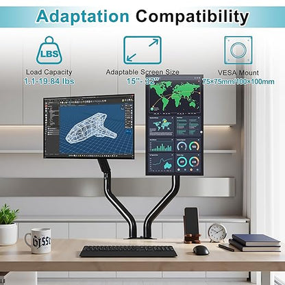 Lyngins Dual Monitor Desk for 15 to 27 Inch Screens Computer Dual Monitor Stand for Desk, Stand Up to 26.4lbs Monitor Wall Mount, VESA Mounting Holes 75 and 100mm, Black