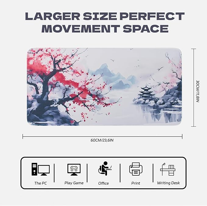 Large Sakura Mouse Pad, Japanese Cherry Blossom Desk Mat, Pink Extended Non-Slip Keyboard Mouse Pad Waterproof Office Desk Pad 23.6"x11.8" Anime Mouse Pads Desktop Protector for Office Home