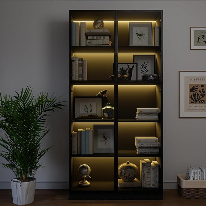 78.7" Display Cabinet with 4 Glass Doors, 5 -Tier Storage Cabinet with LED Lights, Tall Black Bookcase with Storage, Wooden Display Case for Collectible, Living Room, Office(Black)