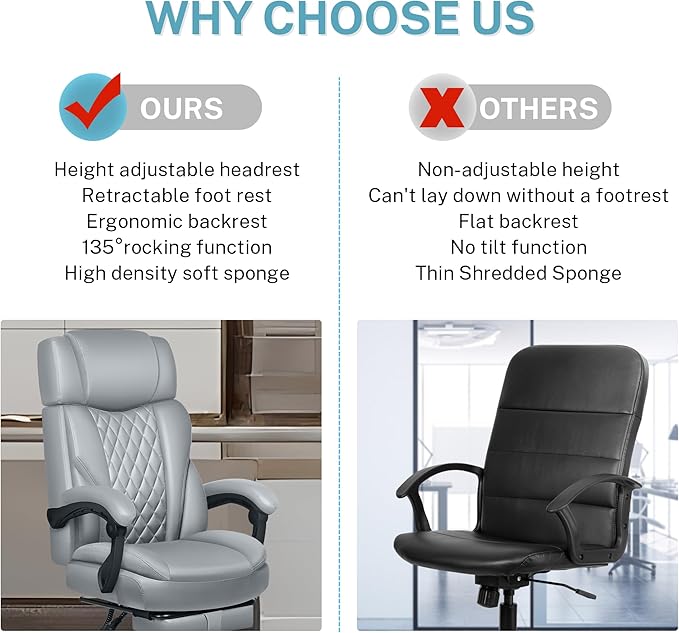 Executive Leather Office Chair, Big and Tall Office Chair with Footrest Home Office Desk Chairs, Ergonomic Computer Desk Chair with Lumbar Support, Reclining Desk Chair with Adjustable Angle