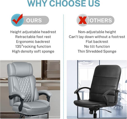 Executive Leather Office Chair, Big and Tall Office Chair with Footrest Home Office Desk Chairs, Ergonomic Computer Desk Chair with Lumbar Support, Reclining Desk Chair with Adjustable Angle