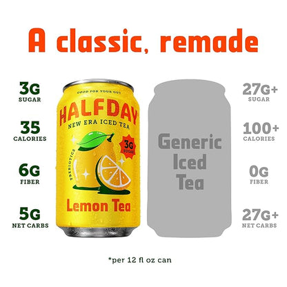 HALFDAY Prebiotic Iced Tea Lemon, Peach & Raspberry Variety Pack, Supports Digestive & Gut Health, Plant Fiber & Prebiotics, Low Sugar, 35 Calories, Natural Caffeine, Gluten Free, 12 fl oz (12 pack) Packaging May Vary