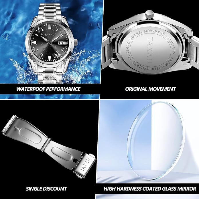Mens Silver Watch Luxury Minimalist Dress Watch Classic Waterproof Watches for Men Analog Quartz Stainless Steel Men's Wrist Watches with Date Luminous Relojes para Hombres