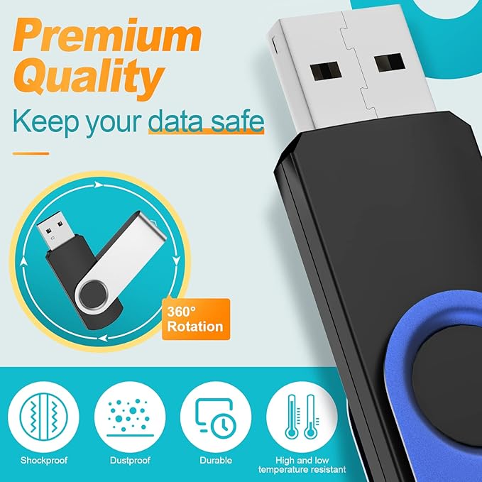 Kepmem Metal Thumb Drive Swivel USB 2.0 Memory Stick Blue Jump Drive Portable 64GB Pack of 10 with Lanyards