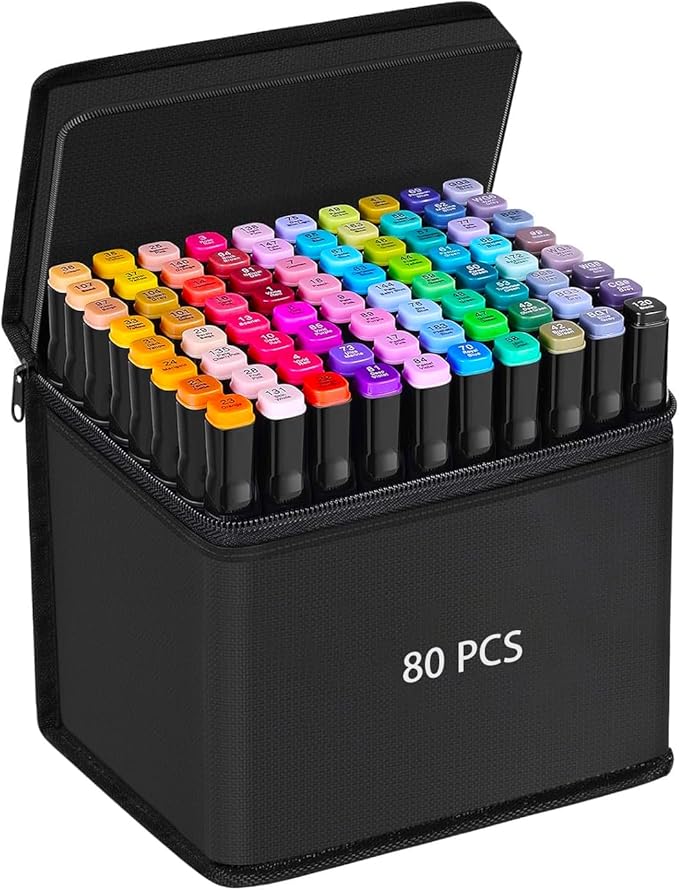 80 Colors Alcohol Markers, Dual Tip Permanent Art Markers with Black Suitcase, For Adults Coloring, Sketching, Card Making and DIY Patinting