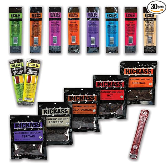 Kickass Beef Jerky Gift Baskets for Men - Mega Snack Pack - 9 Flavors of Meat Sticks - 5 Flavors of Beef Jerky Care Package - Father's Day Gifts for Men - Gluten Free Keto Friendly - 1 Bonus