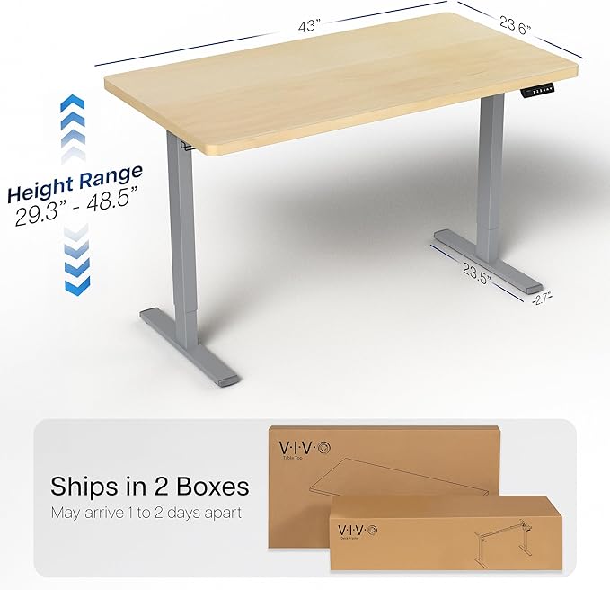 VIVO Electric 43 x 24 in Standing Desk, Memory Height Adjustment, 1B Series, One-Piece Light Wood Top, Gray Frame, DESK-KIT-1G4C