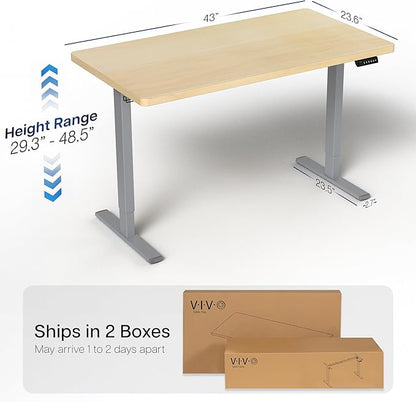 VIVO Electric 43 x 24 in Standing Desk, Memory Height Adjustment, 1B Series, One-Piece Light Wood Top, Gray Frame, DESK-KIT-1G4C