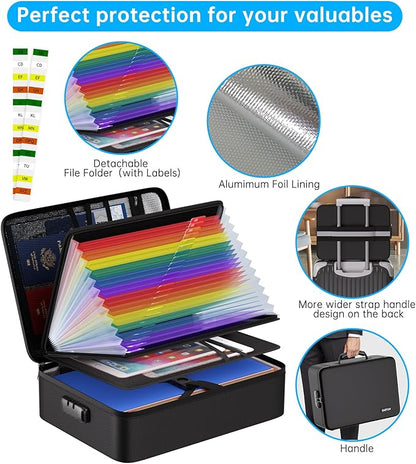 ENGPOW Fireproof Document Box with Lock, 5200℉ Soft Case Fireproof Box with 25 Colorful Pocket Accordion File Folder, Fireproof Water Resistant Safe File Organizer Storage for Important Documents