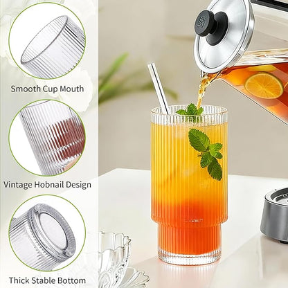 Ribbed Drinking Glasses Set of 8, Stackable Cute Kitchen Glasses Cups 16oz and 7oz Iced Coffee Glasses cocktail Glass cup for Water, Beverage, Whiskey