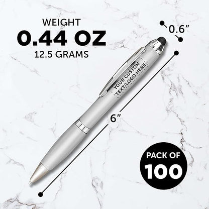 DISCOUNT PROMOS Custom Plastic Stylus Pens Set of 100, Personalized Bulk Pack - Black Ink, Great for Office, School, Business, Tradeshows, Events - Silver