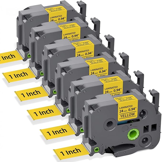 TZe-651 Compatible with Brother Label Maker Tape 24mm 0.94 Yellow P Touch TZe TZ Tape 1”Laminated Black on Yellow for PT D600 D610BT P710BT P750W P700 P900W P950W Refills, 1 Inch x 26.2 feet, 6-Pack