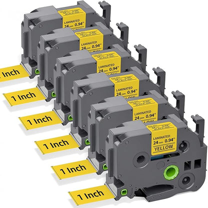 TZe-651 Compatible with Brother Label Maker Tape 24mm 0.94 Yellow P Touch TZe TZ Tape 1”Laminated Black on Yellow for PT D600 D610BT P710BT P750W P700 P900W P950W Refills, 1 Inch x 26.2 feet, 6-Pack